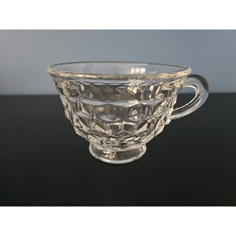 American Fostoria‎ Whitehall Clear Cube Elegant Flared Glass 1 Cup 1 Saucer Set